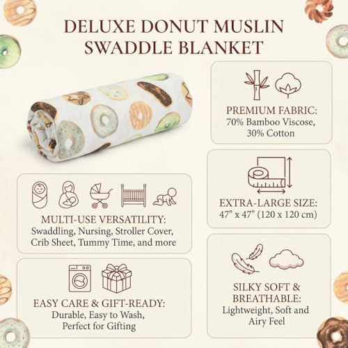 Image of Lulujo Baby Swaddle Blanket| Unisex Softest Bamboo Viscose Muslin Swaddle Blanket| Neutral Receiving Blanket for Girls & Boys 47in x 47in Donuts