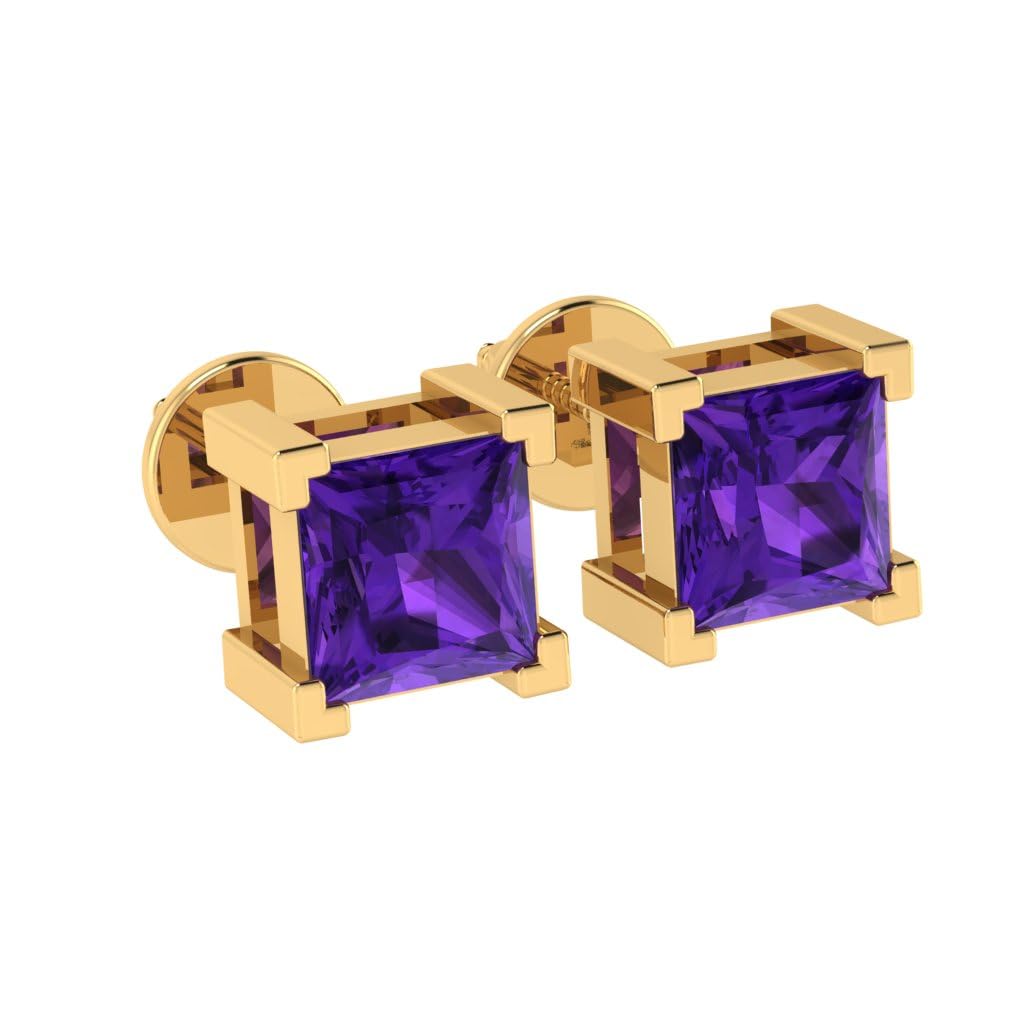 Diamtrendz Gold Plated Pure 925 Sterling Silver Earrings | 6mm X 6mm Square Shaped Gemstone Solitaire Screwback Earrings | Birthstone Stud Earrings | Multiple Birthstone Options