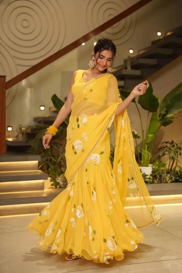 Image of Women's Floral Print Ruffle Saree, Yellow, Soft Georgette, with Blouse Piece, Party & Festive, Wear