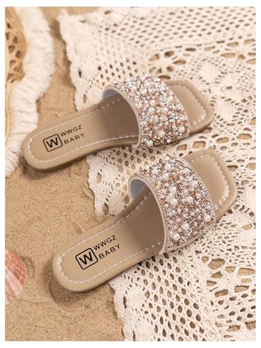Image of GORGLITTER Girl's Pearls Dress Flat Sandals Glitter Rhinestone Summer Open Toe Teens Slides