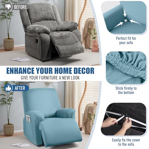 Image of TAOCOCO Stretch Recliner Chair Covers 3-Pieces Solid Furniture Covers Recliner Cover for Reclining Chair Slipcovers Feature Fitted Soft Washable Recliner Sofa Covers (1 Seat, Aqua Blue)