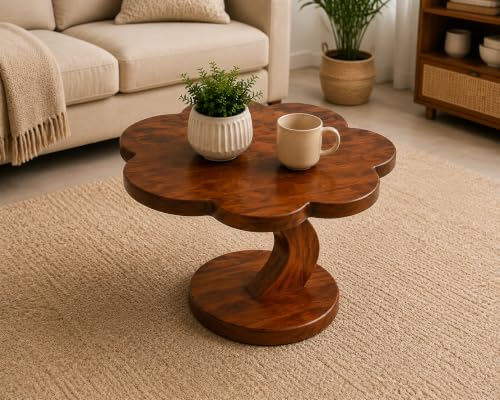Image of Solid Sheesham Wood Flower Shape Coffee Table for Living Room | Wooden Center Table for Living Room | Tea Table | Cocktail Table | Honey Finish