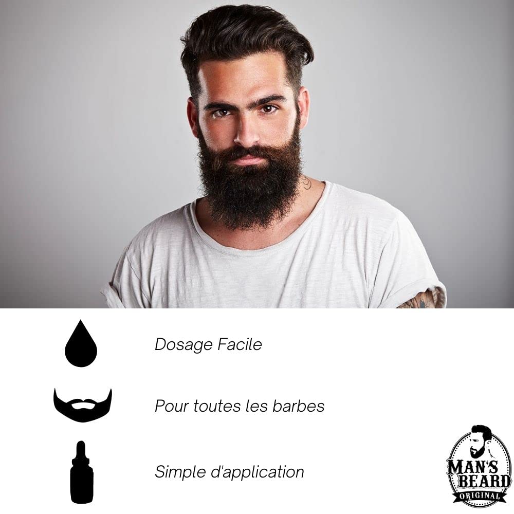 MAN'S BEARD - Huile de barbe - Fragrance Cuir ambré - 100% Fabrication Française - Ingrédients d'origine naturelle - 30 ml