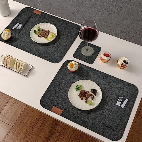 Tischset Platzset, 18er Set Tischsets Abwaschbar Platzsets: 6 Tischsets, 6 Glasuntersetzer, 6 Bestecktaschen - Anthrazit Eckige Platzdeckchen, Telleruntersetzer, Filzset