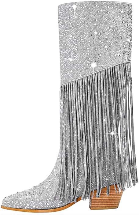 sexytag Rhinestone Sparkly Boots for Women Knee High Fringe Chunky Low Heel Pointed Toe Pull-On Side Zipper Boots
