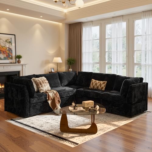 Image of ovios Modular Sectional Sofa Couch with V-Shape Chaise Convertible, Comfy Plush Corduroy Cloud Couches, Modern Luxury Deep Seat Sofas Set for Living Room, 5-Seater, Black