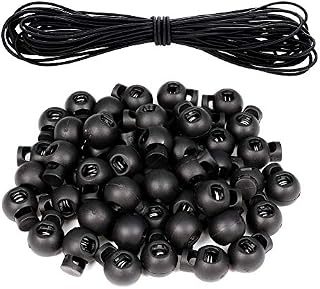 Opopark 50pcs Spring Cord Locks Single Hole Plastic Spring Toggle Stoppers Buttons Small Round Elastic Toggle Sliders with 10m Bungee Rope for Drawstring Bag Shoelace Paracord Camping Hiking Backpack