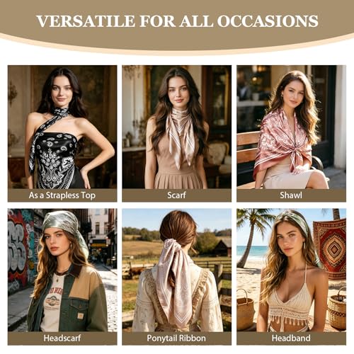 Image of DRESHOW 35 inch Large Square Satin Head Scarf - 4Pcs Silk Accessories Classic Patterned Squares Beach Bandanas for Women