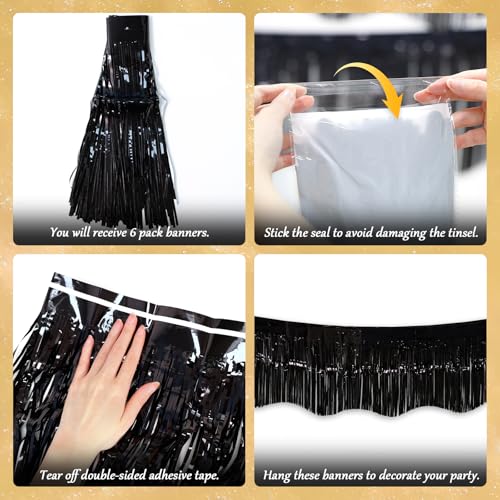 Image of LOLStar Black Foil Fringe Tinsel Garland, Tinsel Streamers Banner, 6 Pack | 60Ft Tinsel Streamers, Shiny Black Wall Hanging Tinsel Fringe Banners for Bachelorette, Halloween, New Year Party Decor