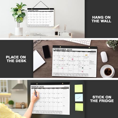 Image of Ospelelf 2026-2027 Calendar Magnetic Desk Wall Desktop Monthly Planner from January 2026 - June 2027 Large To Do Pad with Plastic Cover for Office 17 inch X 12 inch Black