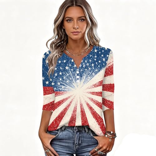 Image of 4th of July Shirts Women 3 /4 Length Sleeve Womens Tops Henley Neck Casual Patriotic T Shirts