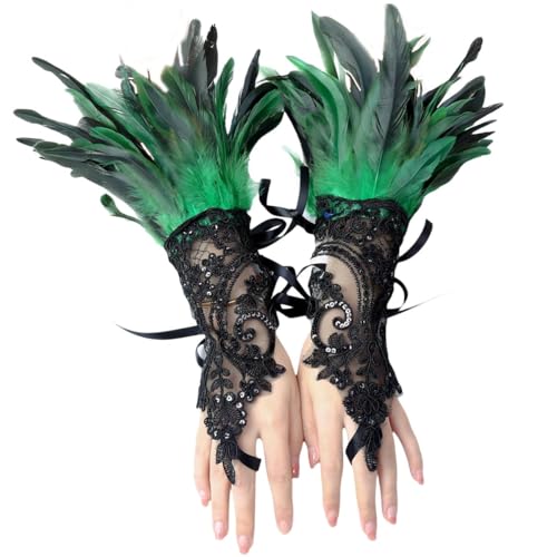 MPQDFG Feder Spitze Fingerlose Handschuhe,Federmanschette Handschuhe 1 Paar Handschuhe mit Federn, Federstulpe Spitze, Abendhandschuh Spitze für Halloween Cosplay Kostüm Accessoire