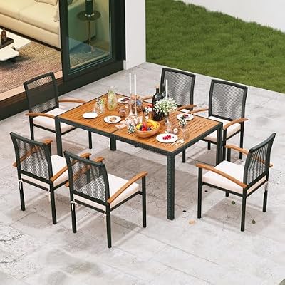 AERBUSKE 7 Pieces Outdoor Table and Chairs Set Outdoor Patio Furniture Set Wicker Patio Dining Sets for 6 Patio Table and Chairs Set Outdoor Furniture Set for Garden Yard Porch Poolside