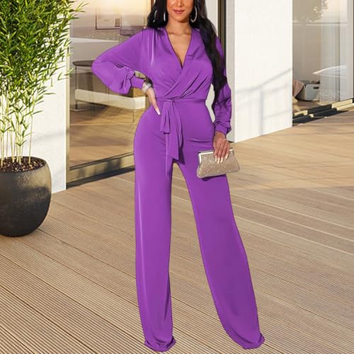 Image of shengfan Formal Jumpsuits for Women Dressy Evening Sexy Deep V Neck Plus Size Long Wide Leg Pants Rompers Clubwear