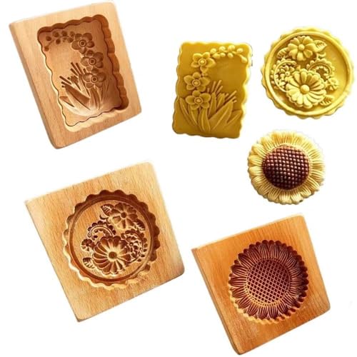 Wooden Cookie Molds Flower Baking Mold- Sunflowers Daisies Butterfly Orchids Shape Cake Fondant Press Stamp Embosser Cutter Cake Decor Christmas Carved Mooncake Mold Kitchen gadgets (3pcs Flower)