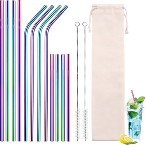 12 Pcs Metal Drinking Straws, 21/20.5/15cm Reusable Metal Straws, Stainless Steel Metal Straw Set with 2 Cleaning Brushes and Storage Bag, Straight and Bent Coloured Straws, for Juice, Cocktail, Drink