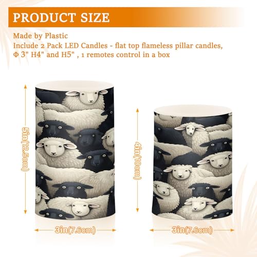 Image of Lights Flameless Candles Black White Lamb Sheer Pillar Candles Set of 2 Battery Operated Remote Control Warm Lights Home Decor