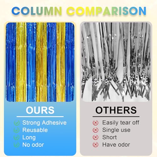 Image of Voircoloria 2 Pack Blue Gold Foil Fringe Backdrop Curtains, Graduation Tinsel Streamers Party Decorations, Fringe Backdrop, Door Shimmer for Birthday Party