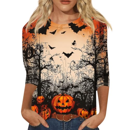 Image of Women Spooky Halloween Graphic Shirt 3 /4 Length Sleeve Crewneck Top | Halloween Funny Printed Pumpkin Plus Size Tshirts 2026 Fall Outfits Skeleton Tee Going Out Tops