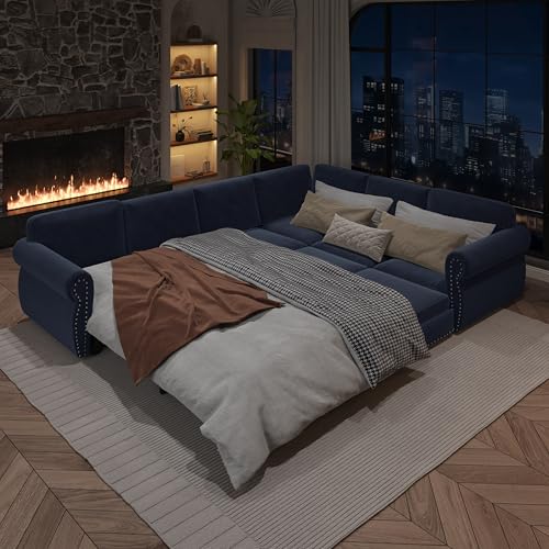 Image of KCGKCG 118 inch Sleeper Sofa Bed, Sectional Couches for Living Room /Apartment, Chenille L Shaped Couch with Pull Out Couch Bed, Convertible Sectional Sofa with Rolled Arm & Nailhead Trim, Blue