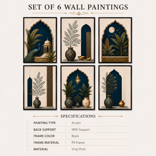 Image of Artsense Mughal Botanical Wall Art Set of 6 | Royal Peacock Arch Floral Decorative Paintings | Traditional Indian Palace Aesthetic Wall Decor for Living Room Bedroom Office