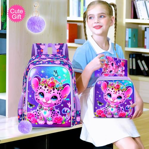 Image of 3Pcs Girls Backpack, 16 inch Kids Bookbag with Lunch Box，Leopard School Backpacks for Elementary Preschool Kindergarten (Purple)