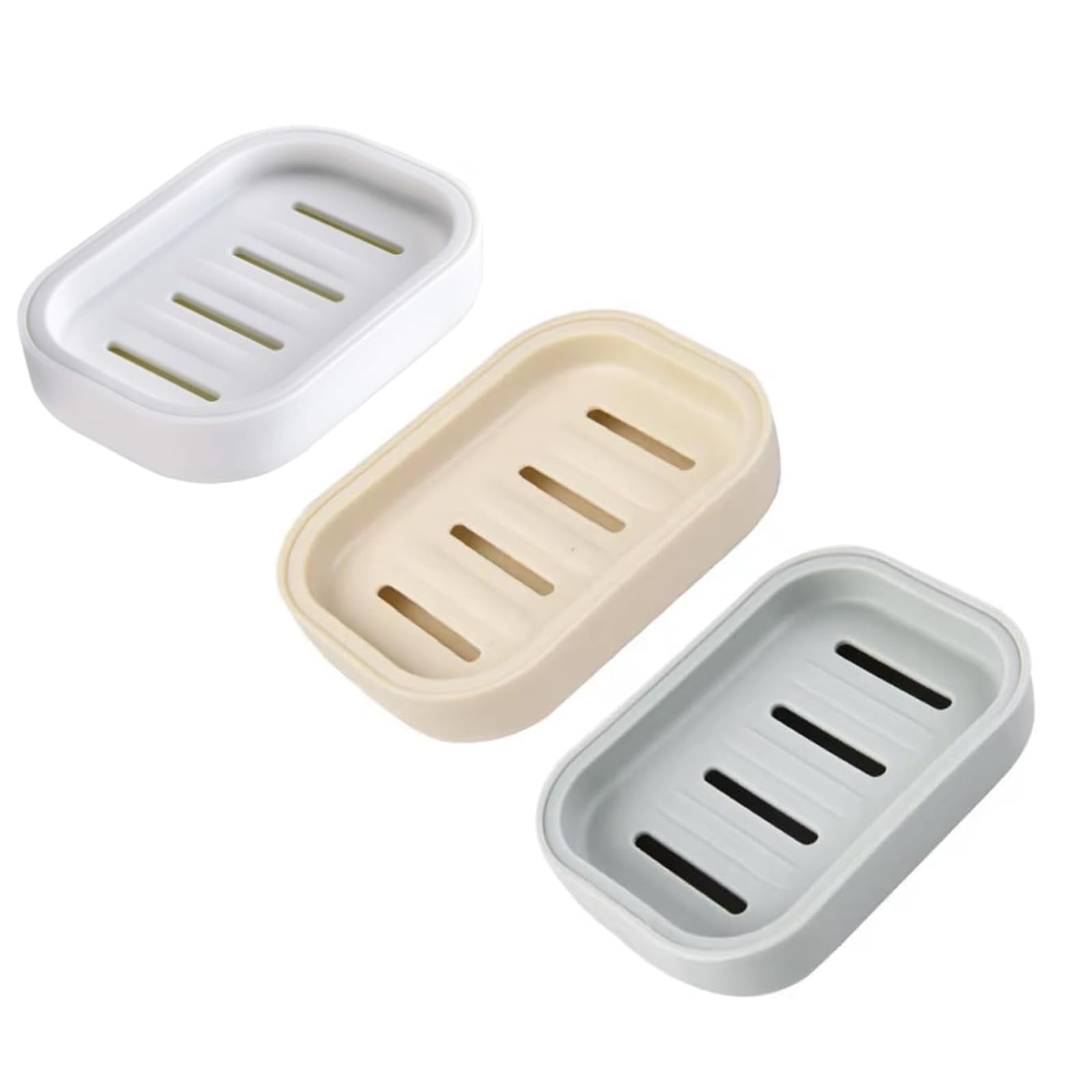 LIANRISES 3-Pack Soap Dish Set - Plastic, Rectangular, Off-White, Gray-Blue, Khaki - Anti-Slip & Drainage - Versatile Use - Sink, Shower, Bathtub