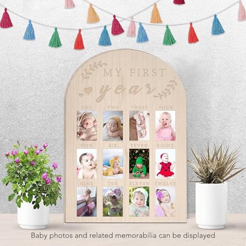 Quadro de Fotos do Primeiro Ano, Moldura de Madeira para Lembranças de Bebês, Lindos Cartões Mensais