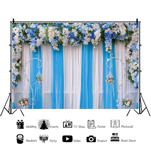 MIRRORANG 3x2,5m Wedding Backdrop White and Blue Flowers Curtain Floral Background for Photography Baby Shower Decoration Banner Bridal Shower Supplies Wedding Banner - Image 3