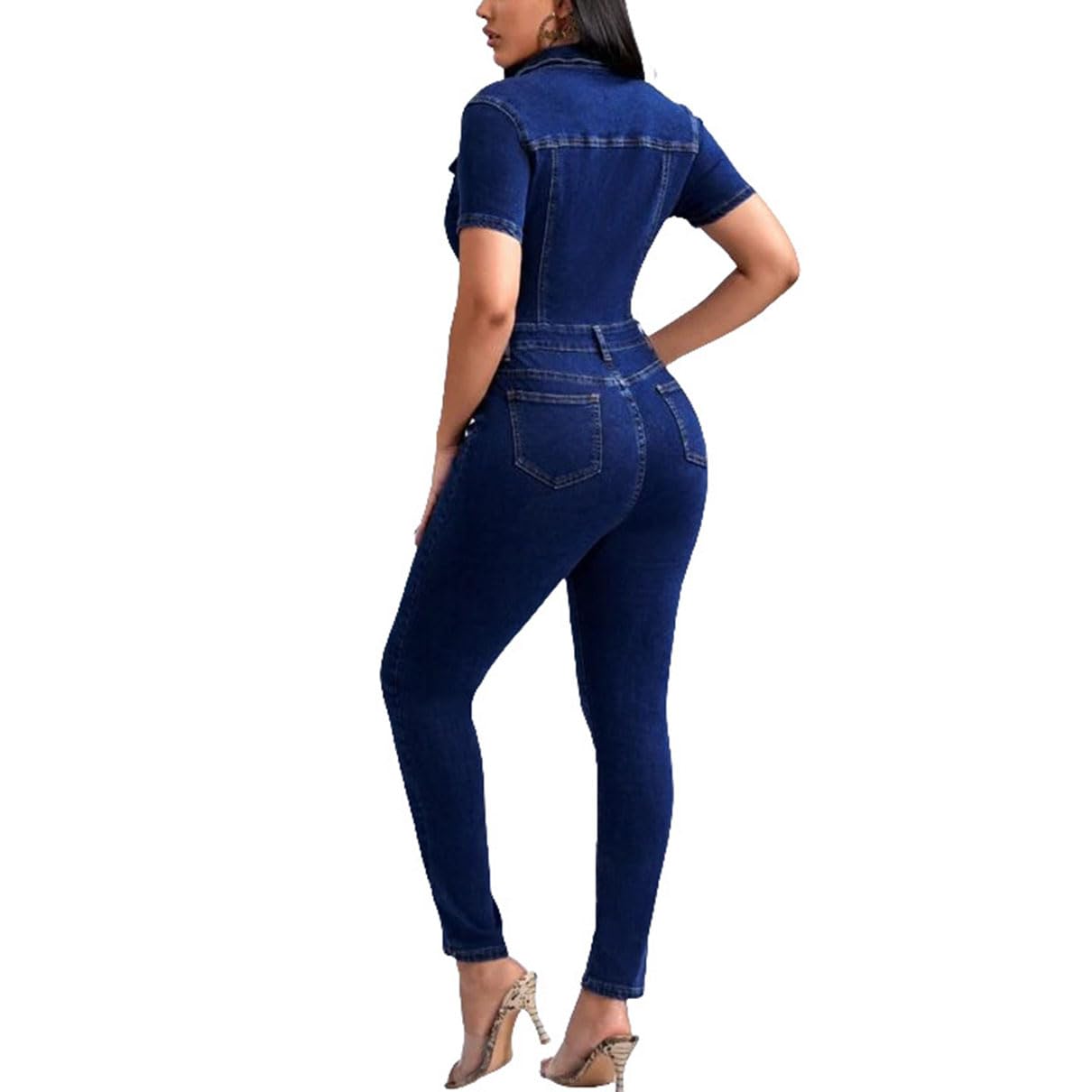 Tuta da Donna in Denim a Maniche Corte con Bottoni Pagliaccetti della Tuta in Jeans Skinny Elasticizzati