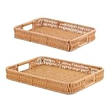 Fvstar Woven Serving Tray with Handles,Handmade Poly Wicker Tray for Storage Breakfast,Drinks,Fruits,Rectangular Basket Organizer Platters for Coffee Table Centerpiece Decor (2, Light Color)