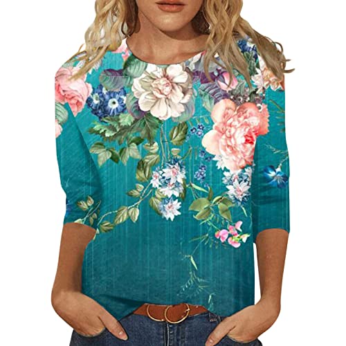 HTHLVMD Womens 3/4 Length Sleeve Tops 2025 Fall Fashion Floral Print Crewneck Causal Trendy Tunic Tops for Women