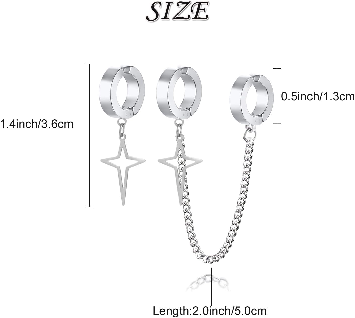 Unisex Gothic Silver Stainless Steel Non Pierced Asymmetrical Cross Star Dangle Clip on Hoop Earrings Cartilage Chain Ear Cuff Non-Piercing Jewelry Gift for Teens - Image 6
