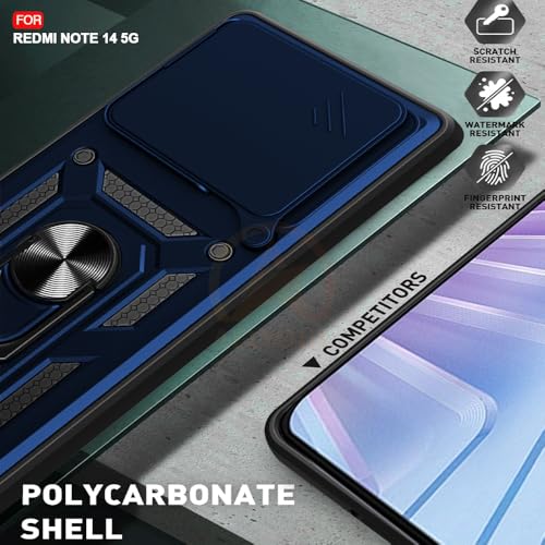 Image of Armor Bumper Back Cover Case for REDMI Note 14 5G | Rotating Camera Cover, Ring Holder & Kickstand | Heavy Duty & 360 Degree Protection REDMI Note 14 5G Back Cover (Blue)