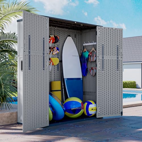 Image of AOXUN Horizontal Storage Sheds 61 Cu.ft, HDPE Outdoor Storage Box 160 Gallon, Waterproof Lockable Resin Deck Box with Spring-Assisted Lid, Patio Storage for Garden, Pool, Cushions, Tools, Grey