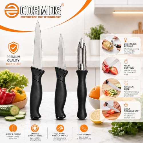Image of E-COSMOS 3-Piece Kitchen Knife Set, Black Handles | Vegetable Peeler, Stainless Steel and Paring Knives, for Fruit, Vegetables, and Meat (Jet Black)