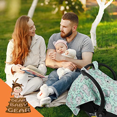 Image of Dear Baby Gear Car Seat Cover for Boys & Girls - Baby Carseat Canopy w /Snap Opening - Infant Seat Cover - Nursing Covers - Newborn Carrier Canopy - 40x30 (Gray Elephants on Mint Foliage - Gray)