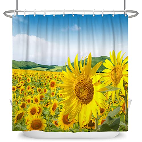 Bovlleetd Sunflower Shower Curtain Polyester Yellow Flower Garden Bath Curtain 71x71inch Beautiful Spring Natural Landscape Bathroom Decorative Curtain Waterproof Bathtub Curtain with Hooks - Image 4