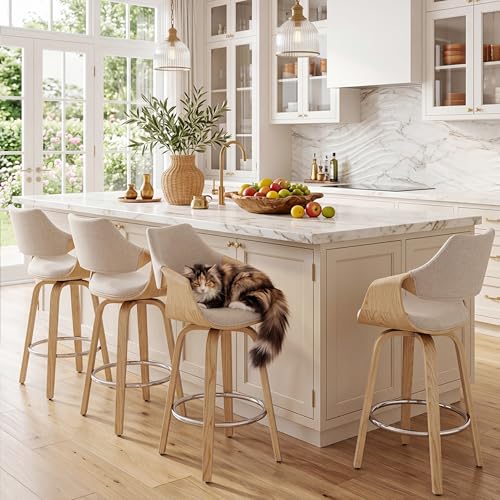 Image of 26'' Modern Barrel Swivel Counter Stools Counter Height Swivel Bar Stools with Backs Set of 4, Beige Chenille Upholstered Bar Height stools, Farmhouse Solid Wood Barstools for Kitchen Island, Home Bar