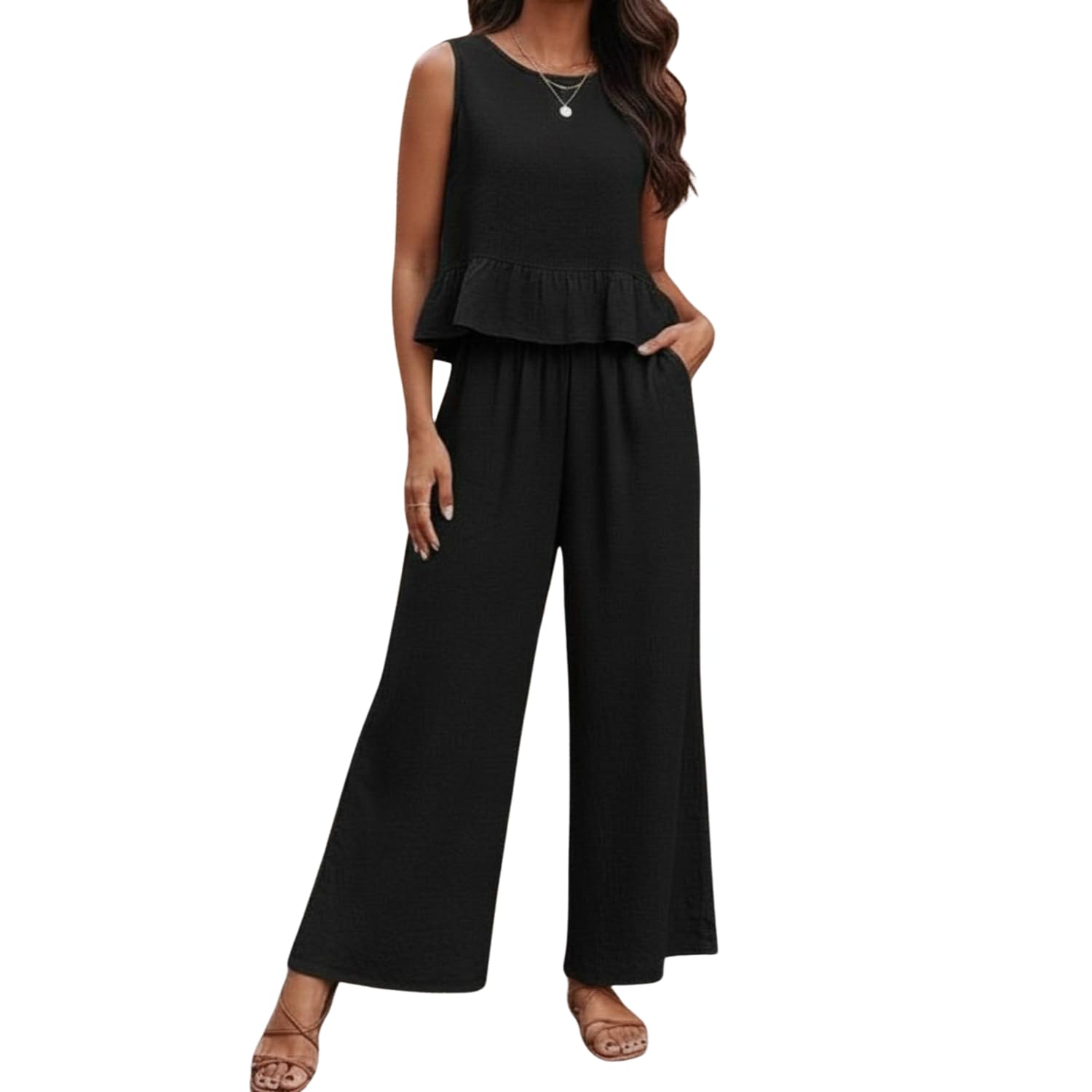 Tanushk Women's Two Piece Set, Black Sleeveless Peplum Top with Wide Leg Pants, Button Back Detail-picture-42