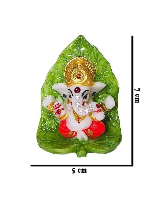 Image of Pan Ganesha Idol on Leaf Small Ganesha Idol for Pooja Resin Ganesh Murti Mini Ganesh Statue for Home Mandir Car Dashboard Decorative Ganesha Statue Spiritual Gift