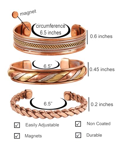 Touchstone copper bracelets | gift for men women |adjustable 100% pure solid real magnetic jewelry | handmade bracelet set combo | rope braided tibetan bangles.3