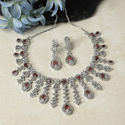 Image of ZENEME Rhodium-Plated Silver-Toned Emerald-Cut American Diamond Floral Link Necklace Set with Pear Drop Earrings for Women & Girls