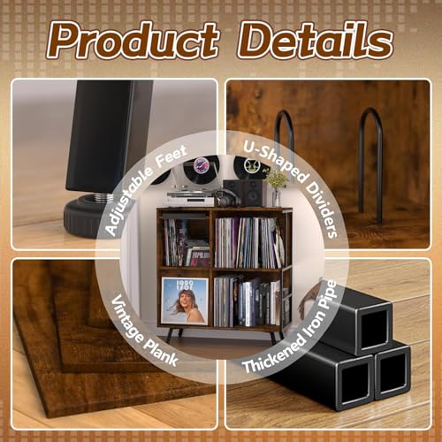 Image of Faesun 3 Tier Flip Top Record Player Stand, Vinyl Record Storage Holds up to 300+ Albums, Large Record Player Cabinet, Vintage Turntable Stand with Vinyl Display, for Living Room Bedroom, Rustic Brown