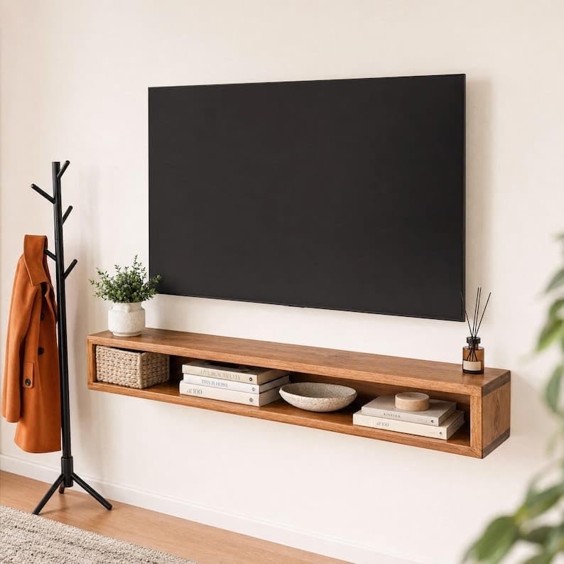 120Cm Long Wooden Wall Mounted TV Unit with Wire Hole, TV Cabinet...