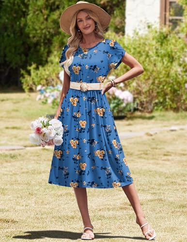 Image of HOTOUCH Women's Summer A-Line Midi Dresses 2026 Casual Floral Short Sleeve T-Shirt Dress Flowy Beach Sundress with Pockets