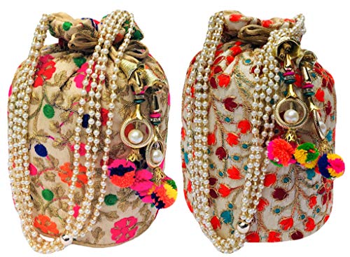 FILORA AILTINO Women's Rajasthani Silk Embroidery Ethnic Stylish Potli Bag (Multicolour)-Combo of 2