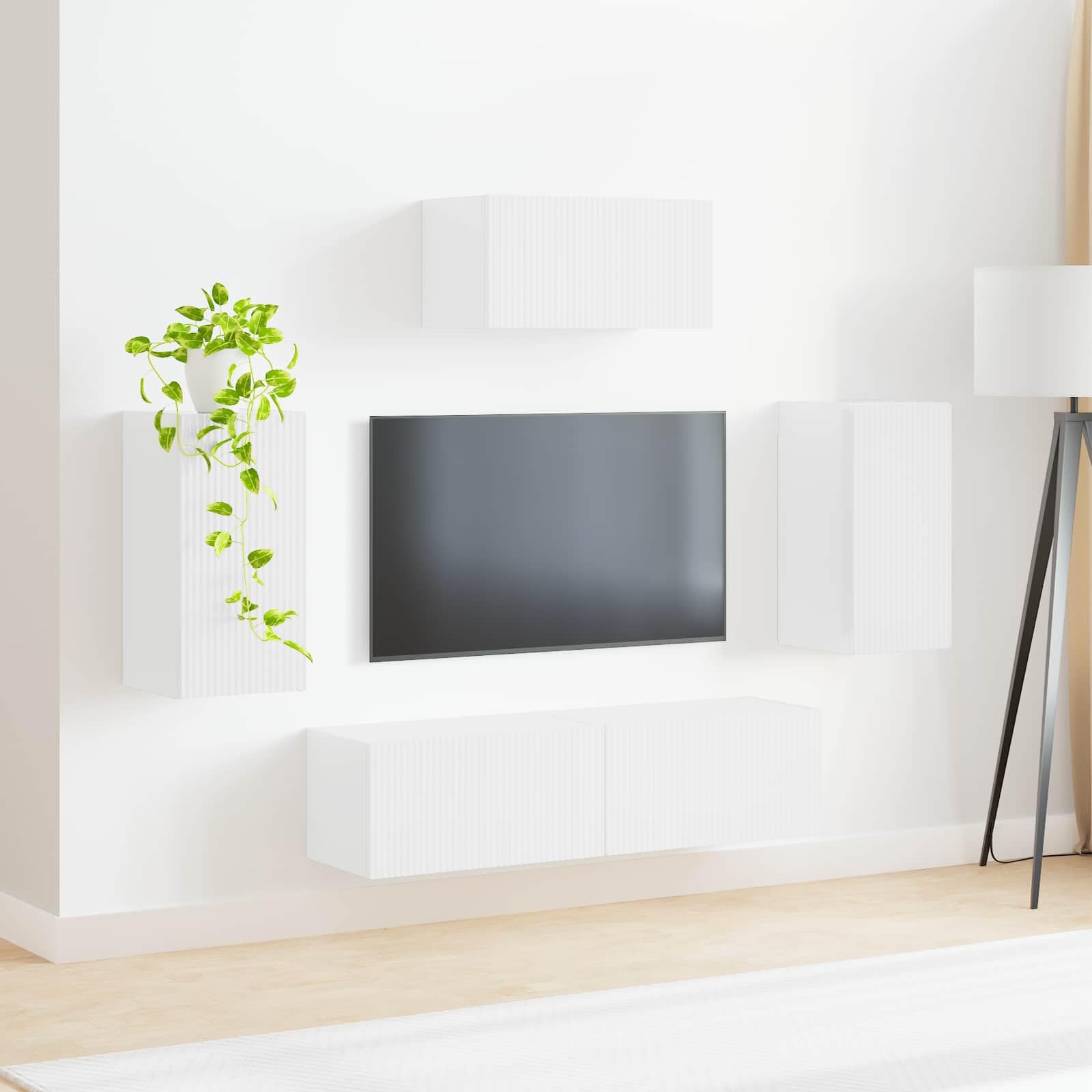 TV Schrank Wandmontiert 5er Set Hochglanz Weiß Holzwerkstoff Medienmöbel Wohnzimmer Schwebend Fernsehschrank Regal Unterhaltungscenter Aufbewahrung für TV Zubehör Gaming Konsole DVD