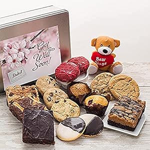 Gourmet Get Well Soon Gift Box With Teddy Bear By Dulcet Gift Baskets- Handmade Freshly Baked Treats- Tin Box With Assorted Cookies & Brownies, Blueberry Muffins, Red Velvet Whoopie Pies, Crumb Cake