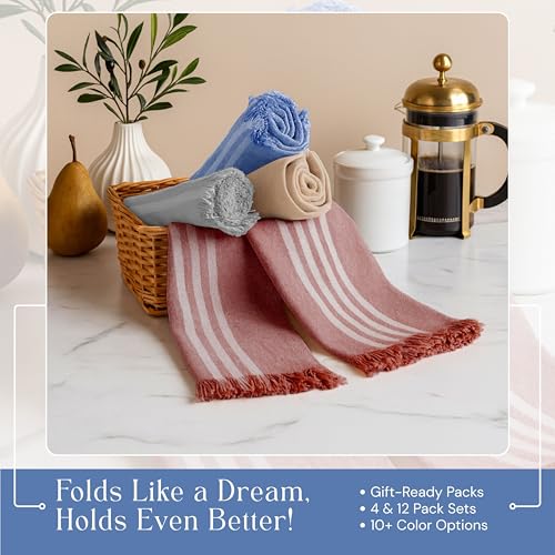 Image of Dish Towels Multicolors 4 Pack, 16x26 Inches, Stripe Kitchen Tea Towels, Reusable Cleaning Cloths, Absorbent Drying Rags for Daily Use, Washable - Beige, Sky Blue, Light Grey, Rust